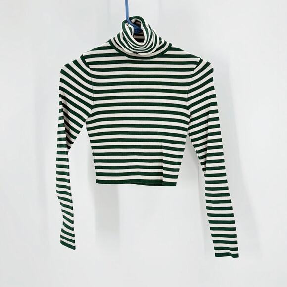 Zara Cropped Knit ribbed green white turtleneck top fall staple size small - Picture 2 of 9